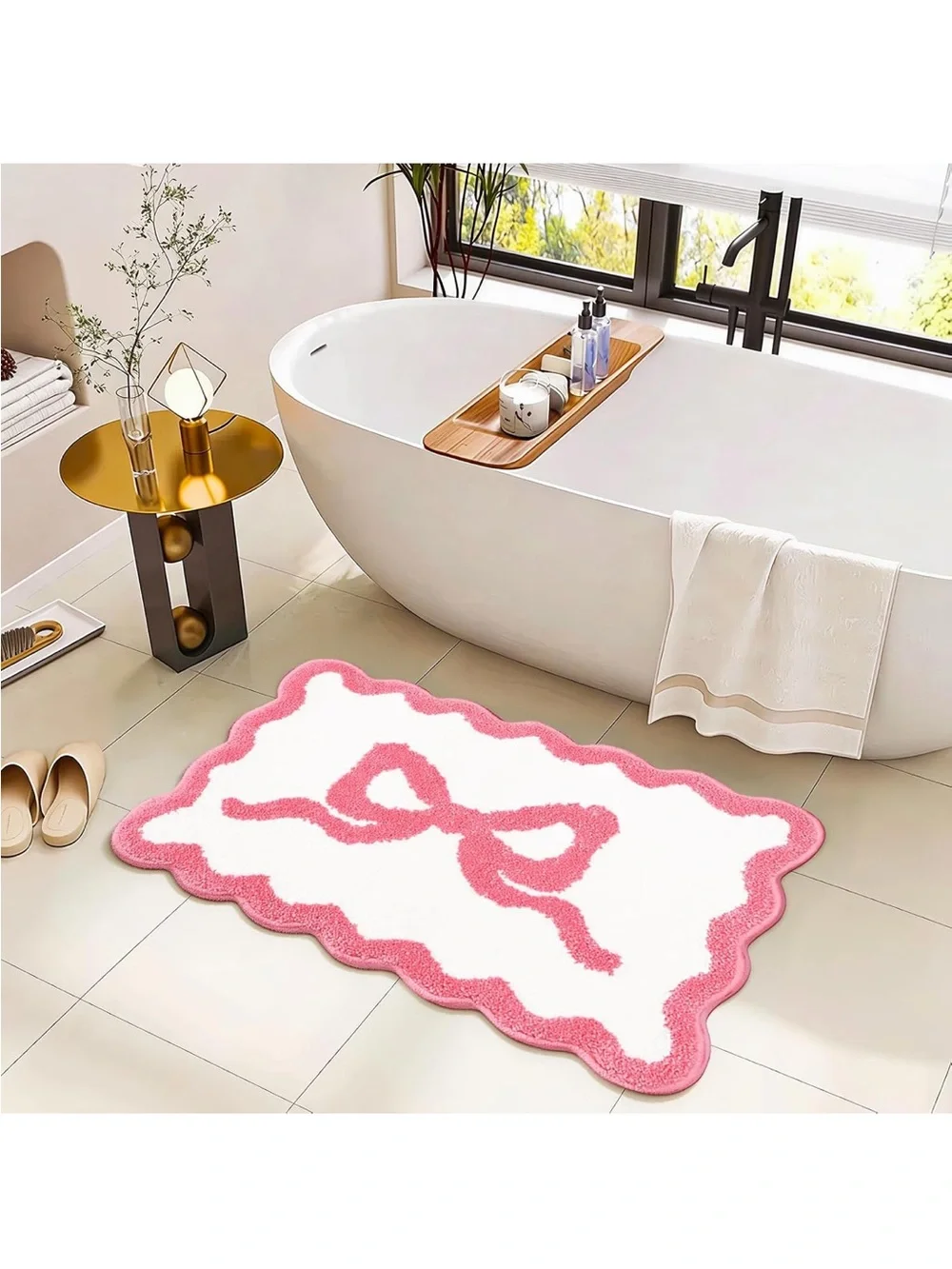 New Pink Bow Bathroom Rug Mat Set 3 Piece, Microfiber Shaggy Bath Set, Non-Slip